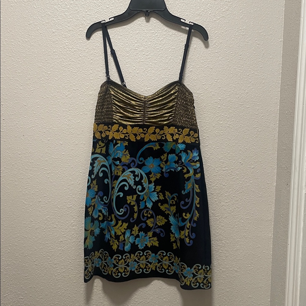 Free People Black and Gold Floral Slip Dress with Teal Accents